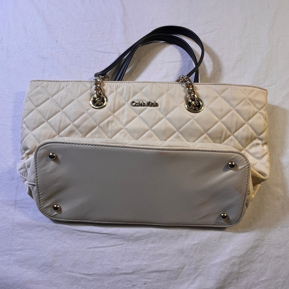 Calvin Klein Quilted Tote Bag‎ Cream Chain Strap Top Handle Purse NWOT